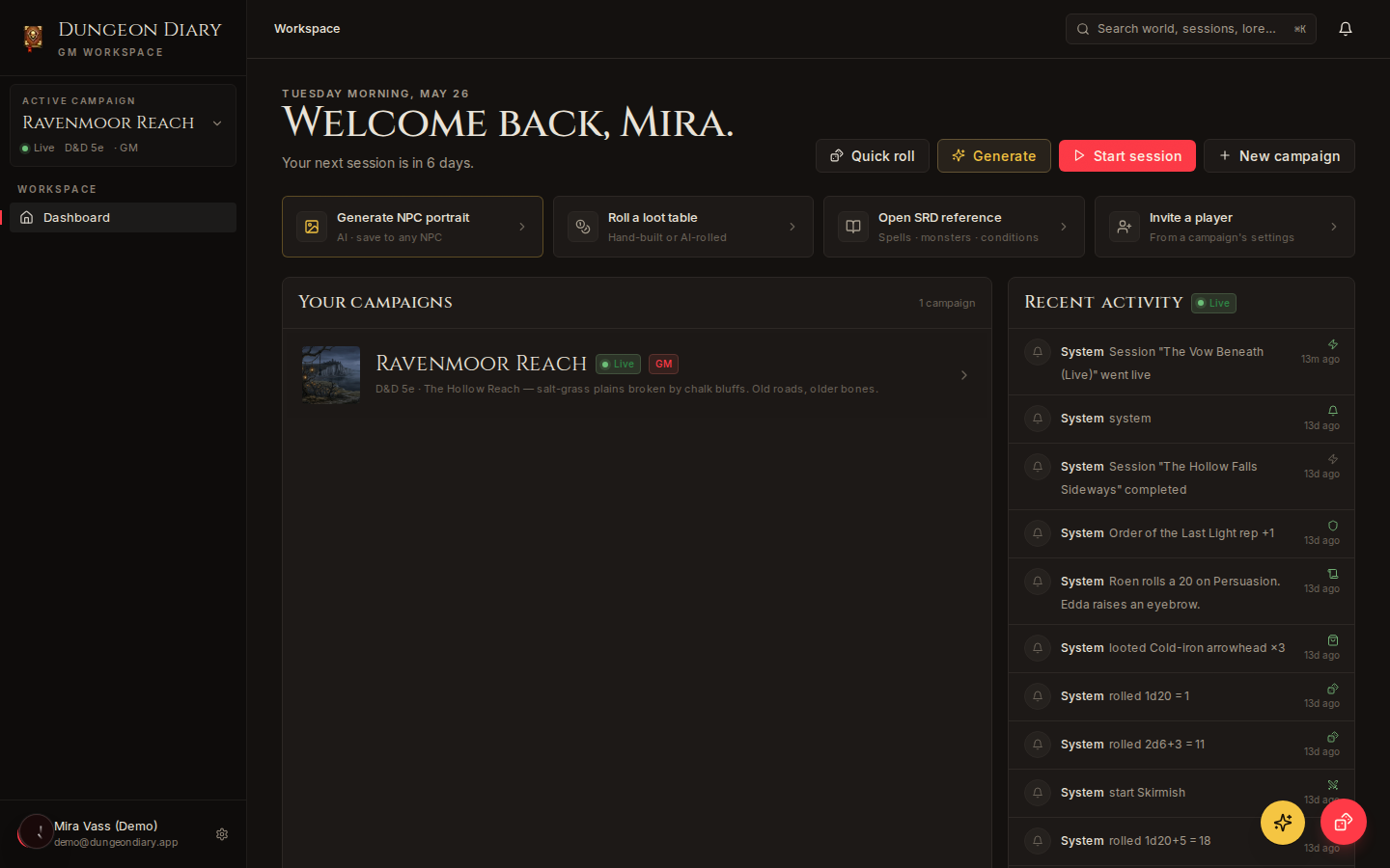 Dungeon Diary dashboard showing campaigns list